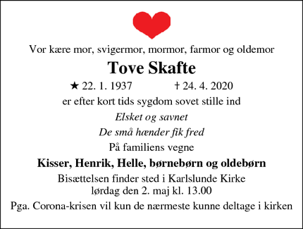 Dødsannoncen for Tove Skafte - Karlslunde