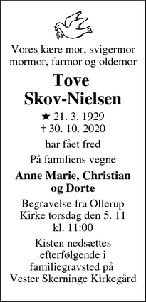 Dødsannoncen for Tove 
Skov-Nielsen - Albertslund