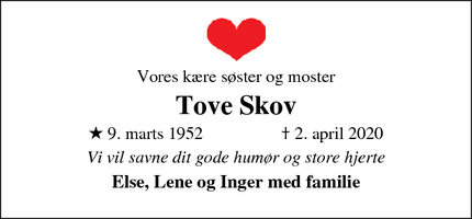 Dødsannoncen for Tove Skov - Viborg