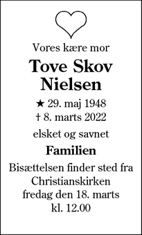 Dødsannoncen for Tove Skov
Nielsen - Sønderborg