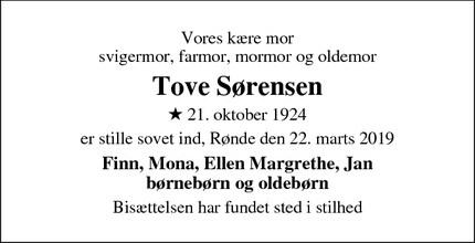 Dødsannoncen for Tove Sørensen - Grenaa