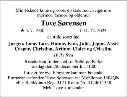 Dødsannoncen for Tove Sørensen - Venusvej 12, 2850 Søborg