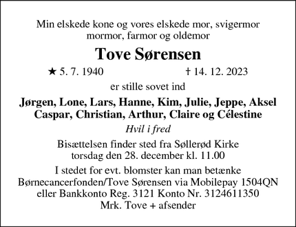 Dødsannoncen for Tove Sørensen - Venusvej 12, 2850 Søborg
