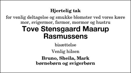 Taksigelsen for Tove Stensgaard Maarup
Rasmussen - Gedser
