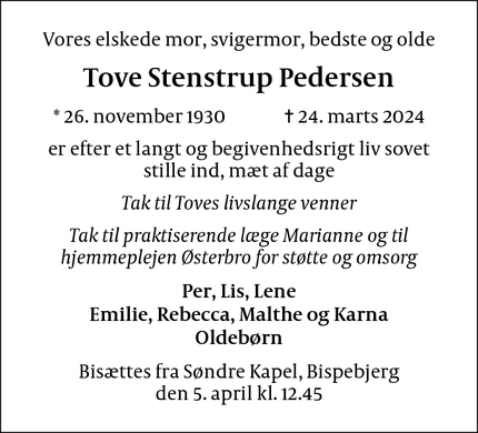 Dødsannoncen for Tove Stenstrup Pedersen - København