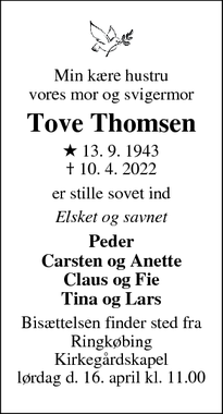 Dødsannoncen for Tove Thomsen - Hvide Sande