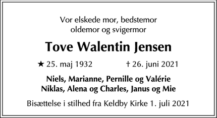 Dødsannoncen for Tove Walentin Jensen - Malmö