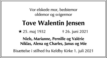 Dødsannoncen for Tove Walentin Jensen - Malmö