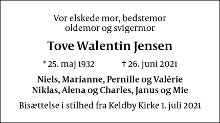 Dødsannoncen for Tove Walentin Jensen - Malmö