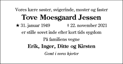 Dødsannoncen for Tove Moesgaard Jessen - Varde