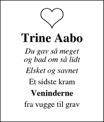 Dødsannoncen for Trine Aabo - Silkeborg