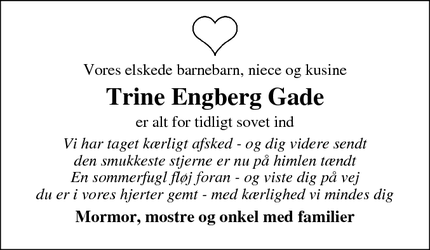 Dødsannoncen for Trine Engberg Gade - Mariager