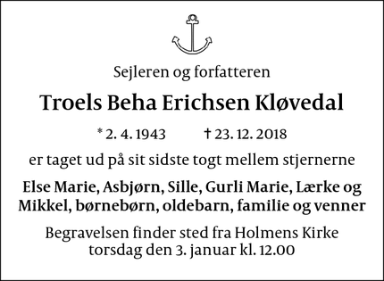 Dødsannoncen for Troels Beha Erichsen Kløvedal - København