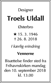 Dødsannoncen for Troels Uldall - København