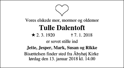 Dødsannoncen for Tulle Dalentoft - Tilst