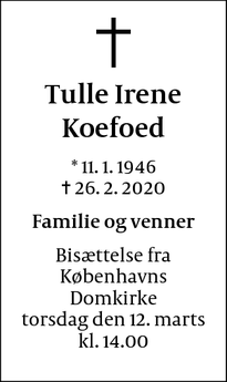 Dødsannoncen for Tulle Irene
Koefoed - Ebeltoft