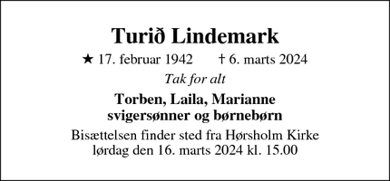 Dødsannoncen for Turið Lindemark - Græsted