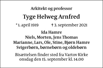 Dødsannoncen for Tyge Helweg Arnfred - Sorgenfri