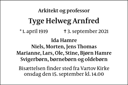 Dødsannoncen for Tyge Helweg Arnfred - Sorgenfri