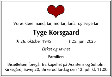 Dødsannoncen for Tyge Korsgaard - København