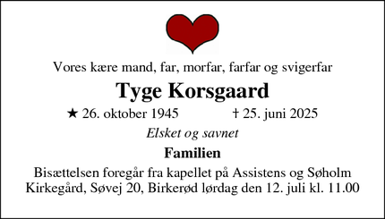 Dødsannoncen for Tyge Korsgaard - København