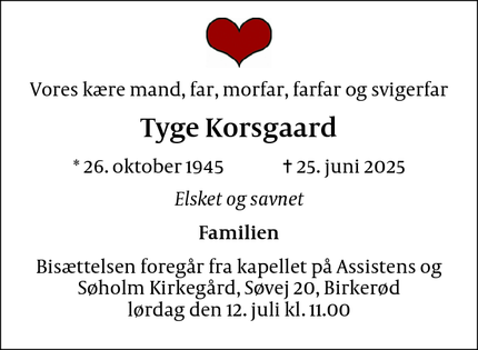 Dødsannoncen for Tyge Korsgaard - København