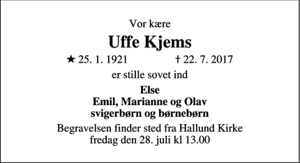 Dødsannoncen for Uffe Kjems - København V