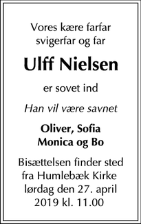 Dødsannoncen for Ulff Nielsen - Helsingør