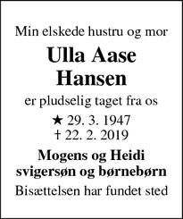 Dødsannoncen for Ulla Aase Hansen - Frederikssund