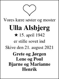 Dødsannoncen for Ulla Alsbjerg - Skive
