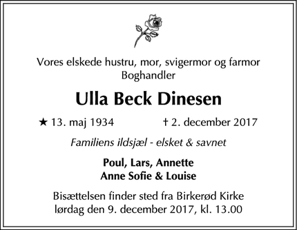 Dødsannoncen for Ulla Beck Dinesen - Birkerød