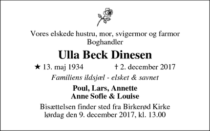 Dødsannoncen for Ulla Beck Dinesen - Birkerød