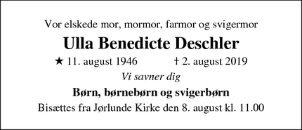 Dødsannoncen for Ulla Benedicte Deschler - Ølstykke