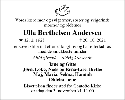 Dødsannoncen for Ulla Berthelsen Andersen - Humlebæk