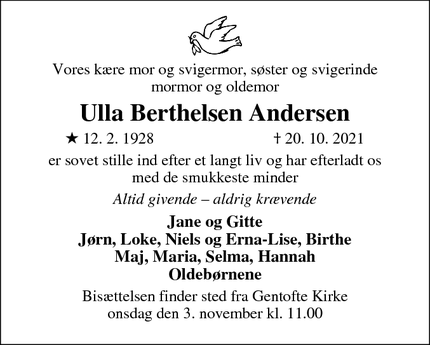 Dødsannoncen for Ulla Berthelsen Andersen - Humlebæk