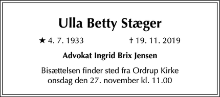 Dødsannoncen for Ulla Betty Stæger - Charlottenlund