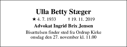 Dødsannoncen for Ulla Betty Stæger - Charlottenlund