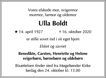Dødsannoncen for Ulla Boldt - Tønder