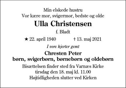 Dødsannoncen for Ulla Christensen - Aabenraa