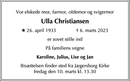 Dødsannoncen for Ulla Christiansen - Gentofte