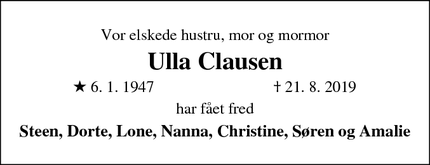 Dødsannoncen for Ulla Clausen - Herlev