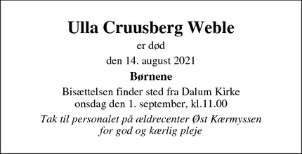 Dødsannoncen for Ulla Cruusberg Weble - Odense Hjallese