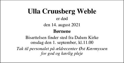Dødsannoncen for Ulla Cruusberg Weble - Odense Hjallese