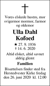 Dødsannoncen for Ulla Dahl Kofoed - Albertslund