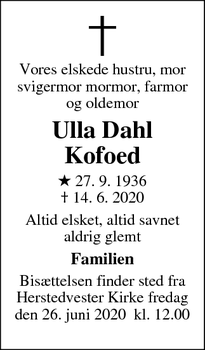 Dødsannoncen for Ulla Dahl Kofoed - Albertslund