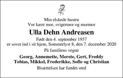 Dødsannoncen for Ulla Dehn Andreasen - Holstebro