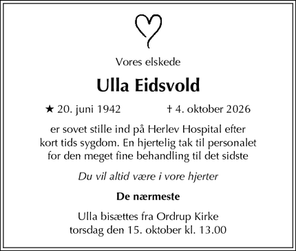 Dødsannoncen for Ulla Eidsvold - København Ø
