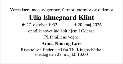 Dødsannoncen for Ulla Elmegaard Klint - Frederiksberg C