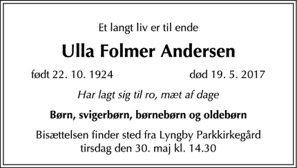 Dødsannoncen for Ulla Folmer Andersen - Sorgenfri