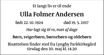 Dødsannoncen for Ulla Folmer Andersen - Sorgenfri